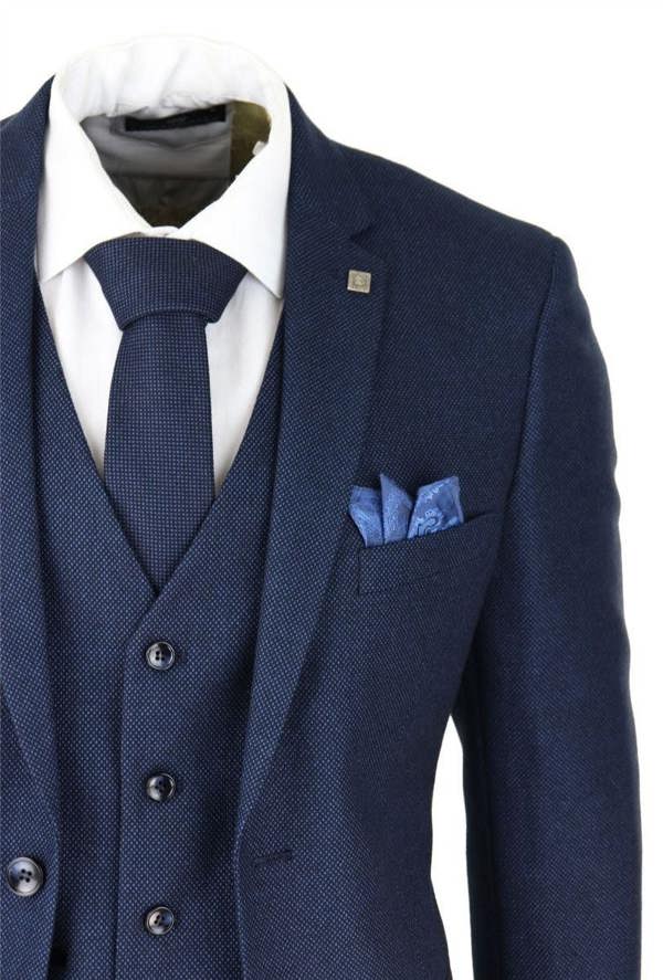 Paul Andrew Mens 3 Piece Navy Blue Birdseye Tweed Classic Suit