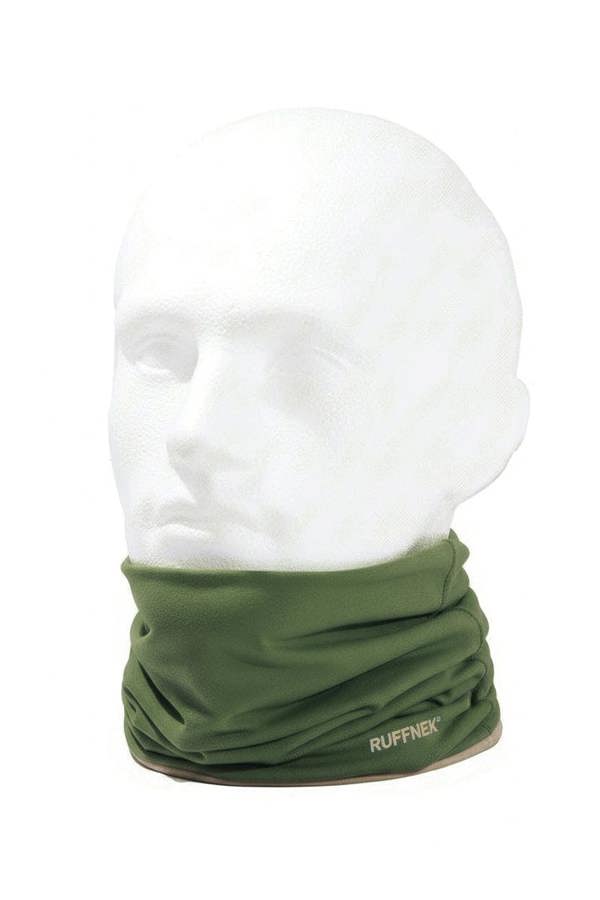 Country Green and Stone Supersoft RUFFNEK Neckwarmer. Reversible stretchy Snood shown on a male mannequin head as a neck gaiter snood.