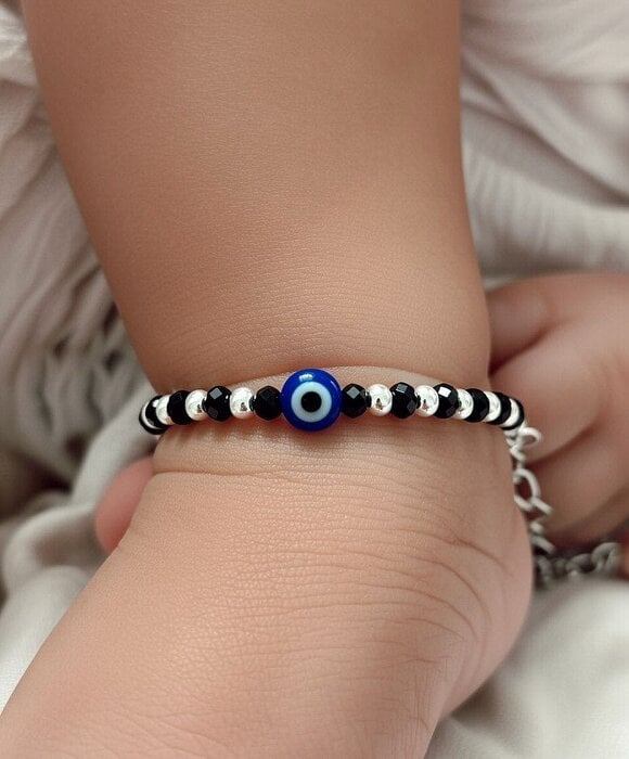 The Colourful Aura Baby/Kids Evil Eye Nazaria Black & Silver Bracelet/Anklet