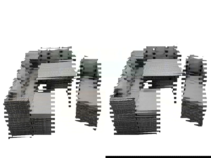 Fimous 9 Seater Outdoor Corner Sofa Chair Dining Table Set Garden Rattan Furniture Set with Side Table 2 Big Stool Dark Grey