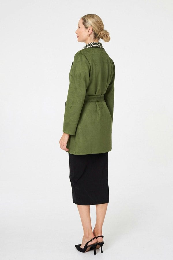 Green | Animal Print Faux Suede Tie Waist Jacket

