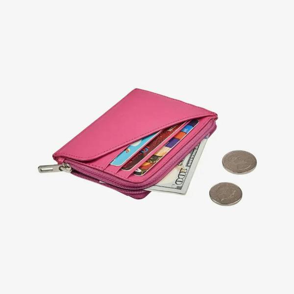 Pink real leather card holder wallet with zip compartment