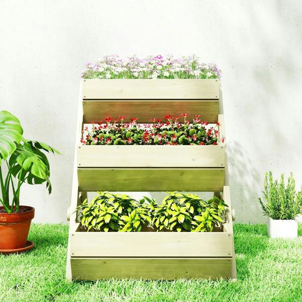 Three-tier wooden raised garden bed with planter rows filled with mixed flowers