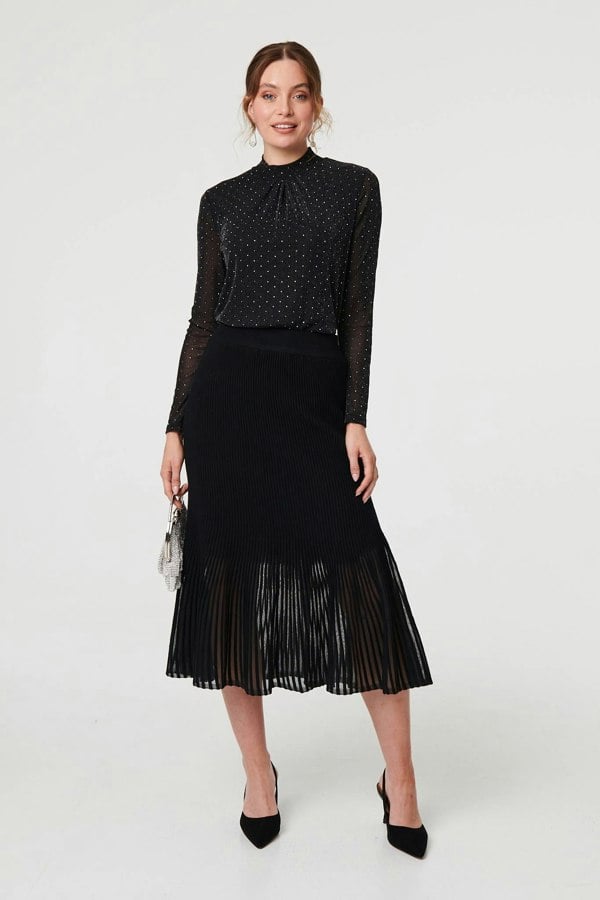 Black | Semi Sheer Pleat High Waist Midi Skirt
