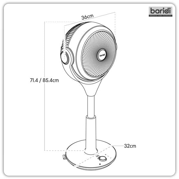 Baridi DH143 Fan Action shot - dimension diagram