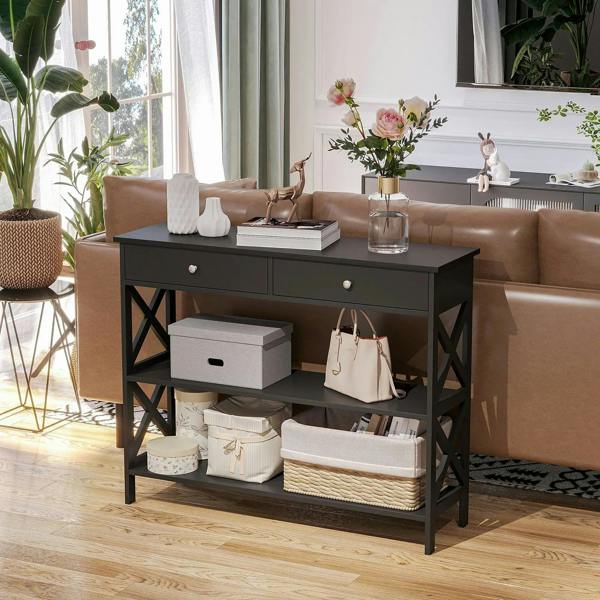 Black entryway console table with two drawers, open shelves, and X-frame side panels