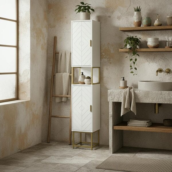Wyld Haus Kacoel Tall Narrow Bathroom Storage Cabinet With Adjustable Shelves Double Doors And Steel Base White