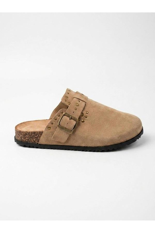 Demi Womens Studded Buckle Clog Mules - Khaki