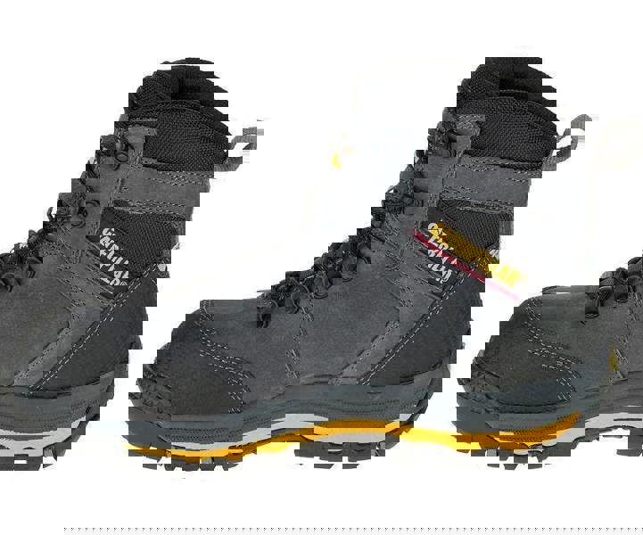 Caterpillar Munising Mens Composite Toe/Midsole S3 Water-Resistant Safety Boots, a sturdy black and gray work boot with yellow accents and robust tread for safety and durability.