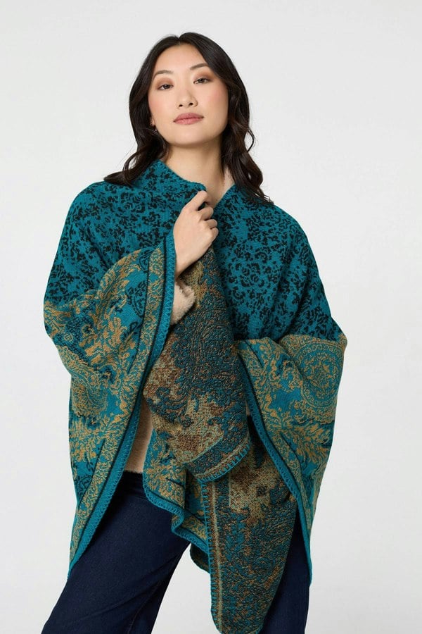 Blue | Damask Print Oversized Poncho
