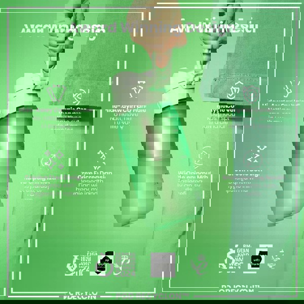 A light green water bottle is being held. Its features are highlighted: a hide-away handle, hygiene cover, crevice-free design, and wide mouth. It’s an award-winning design.