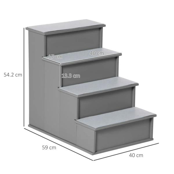 Grey 4-step pet stairs with step size labels and three carpeted steps