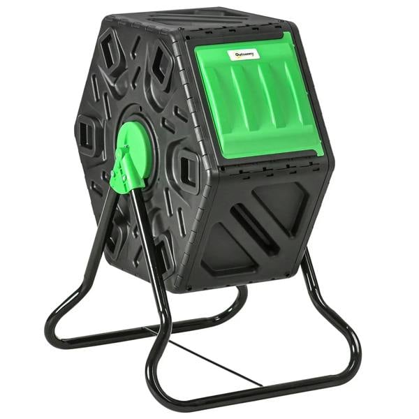 Green and black rotating compost bin with steel legs and vented sides
