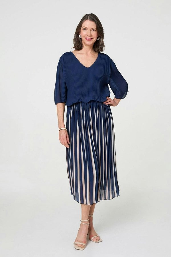 Navy | Striped Pleat 1/2 Sleeve Midi Dress
