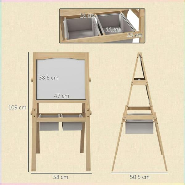 3-in-1 wooden kids easel with dual boards, paper roll, and storage baskets