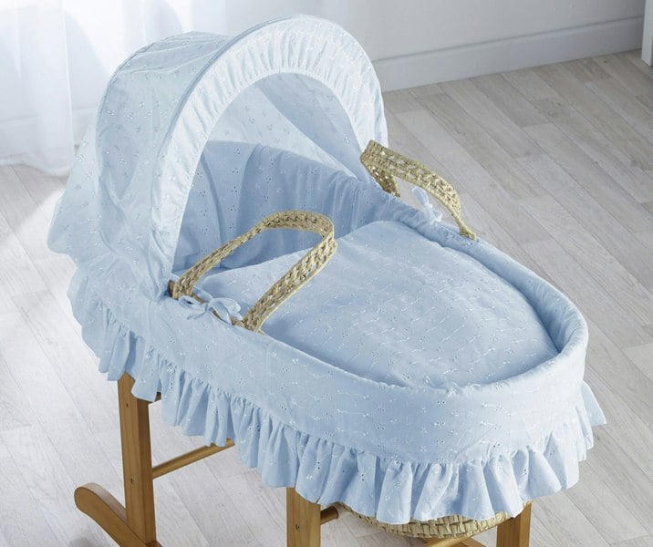 Kinder Valley Broderie Anglaise Blue Palm Moses Basket