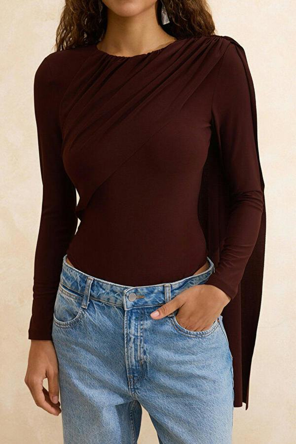 WOVCOR Cape Detail Ruched Knit Party Bodysuit