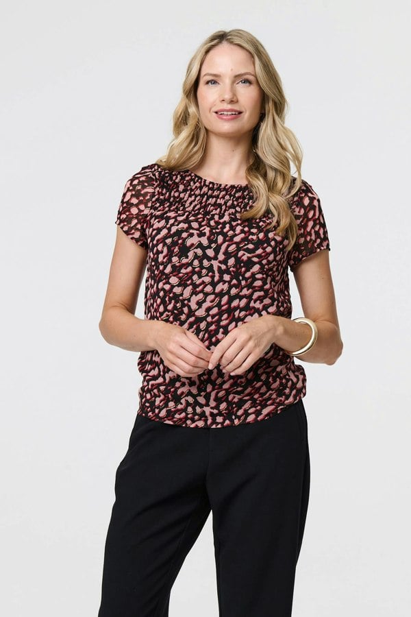 Black | Animal Print Sparkle Trim Cap Sleeve Top
