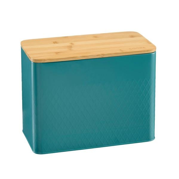 Cooks Professional Embossed Bread Bin, Linen Bag and Bamboo Board Set | Teal