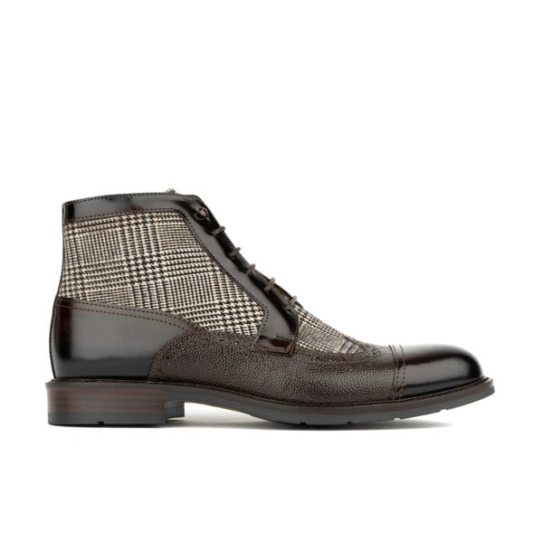 Embassy London Charles - Brown Check - Men's toe cap dressy leather boot in leather and textile