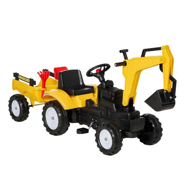 Yellow ride-on construction tractor with front excavator arm and red shovel