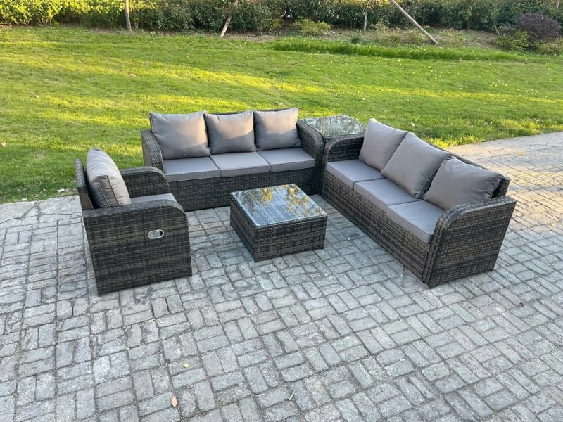Fimous Outdoor Rattan Garden Furniture Set Conservatory Patio Sofa Coffee Table With Reclining Chair Side Table Dark Grey Mixed