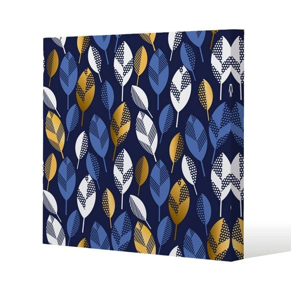 Benjamin Tate Design White, Blue & Gold Leaves on Navy Background (Canvas Print)