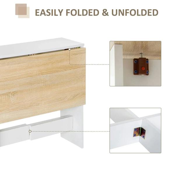 Drop-leaf dining table with oak tabletop and white frame, showing locking bracket close-up.