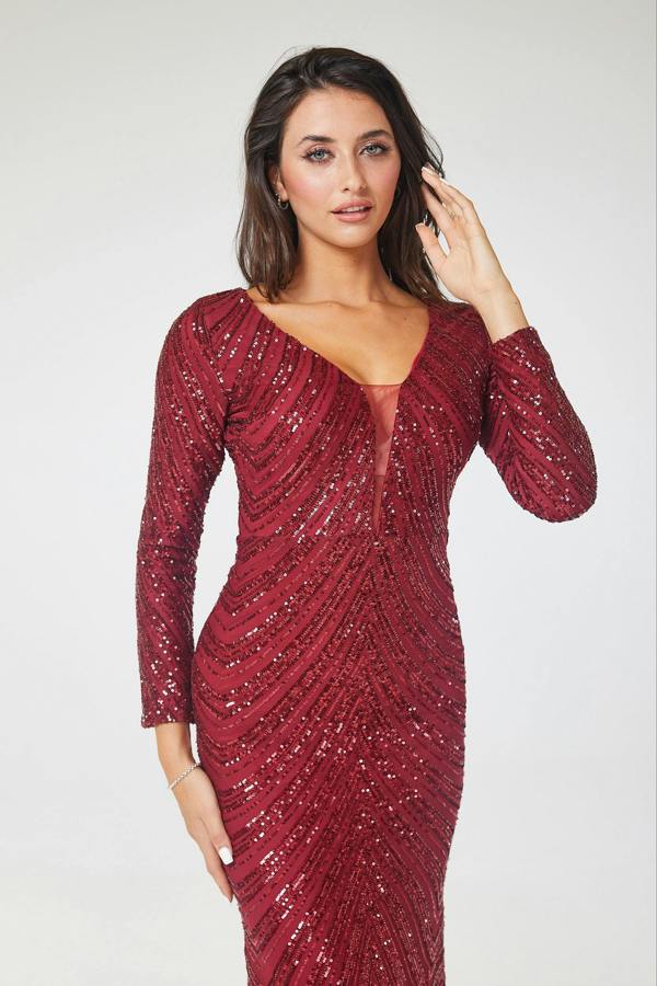 LuvForever Zoya - Wine Long Sleeve Sequin Maxi Dress