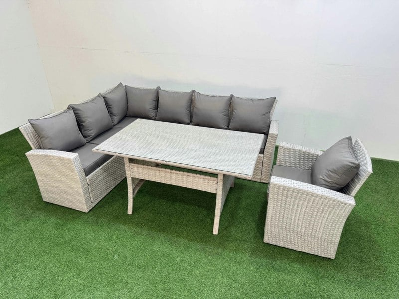 Fimous 7 Seater Rattan Garden Furniture Set Outdoor Patio Dining Corner Sofa Sets with Dining Table Chair Light Grey Mixed