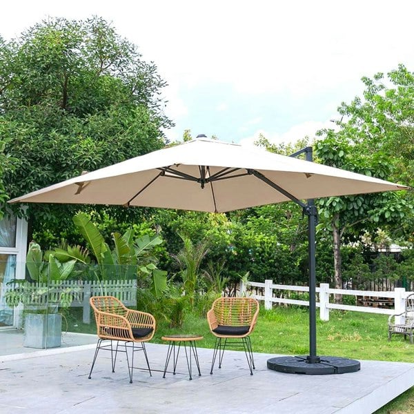 Khaki 3 x 3 m Square Cantilever Parasol Outdoor Hanging Umbrella for Garden and Patio Parasols Living and Home Parasol + Cross Base + Round Water Tank
