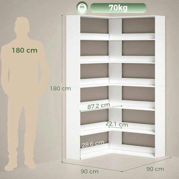7 Tiers Bookshelf, L-Shaped Corner Bookcase with Anti-Slip Rear Guard, White Wood Effect