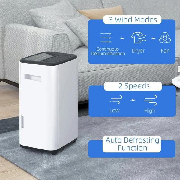 White portable dehumidifier on gray rug beside couch, black top and display