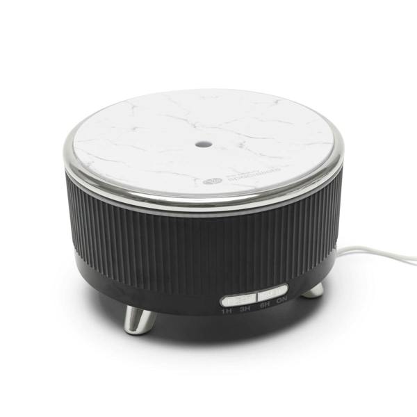 The Rio SONAS Aroma Diffuser, Humidifier & Night-Light features a round design with a white marble-patterned top, black ribbed sides, silver legs, timer options (1/3/6 hrs), and a white cord—ideal for aromatherapy and adding moisture to any room.