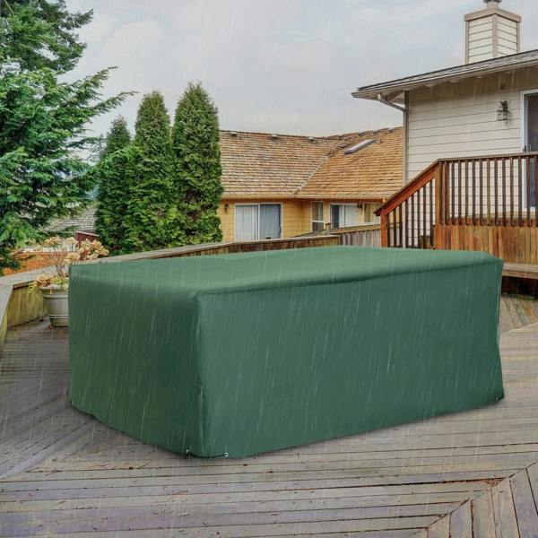 Green rectangular patio furniture cover with low-profile fit and securing ties