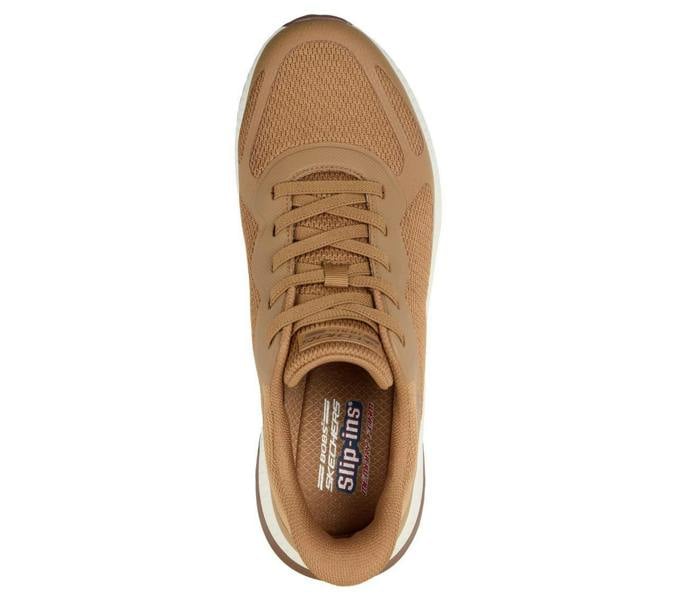 Skechers Bobs Squad 4 Chaos Mens Slip-Ins Casual Trainers, beige slip-on sneaker with breathable mesh and synthetic overlays, cozy cushioned insole and lightweight sole for everyday comfort.