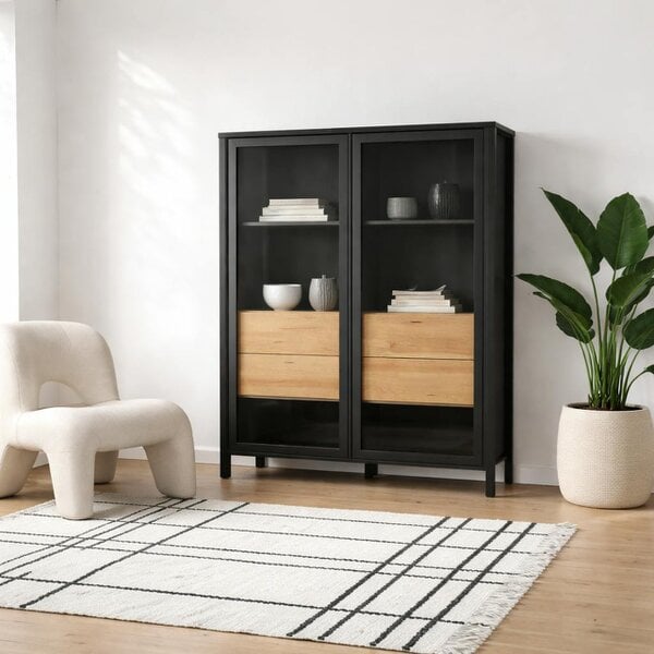 Wyld Haus Egtved Black and Natural Oak Wood Effect Large Wide Display Cabinet 2 Doors 4 Drawers