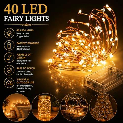 4m Warm White LED Battery Operated String Lights with Gold Copper Wire, 40 Mini LEDs, 2 Pack image 8