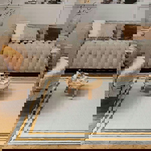 Bordered Living Room rug, gold-cream colours, stain-resistant and non-shedding