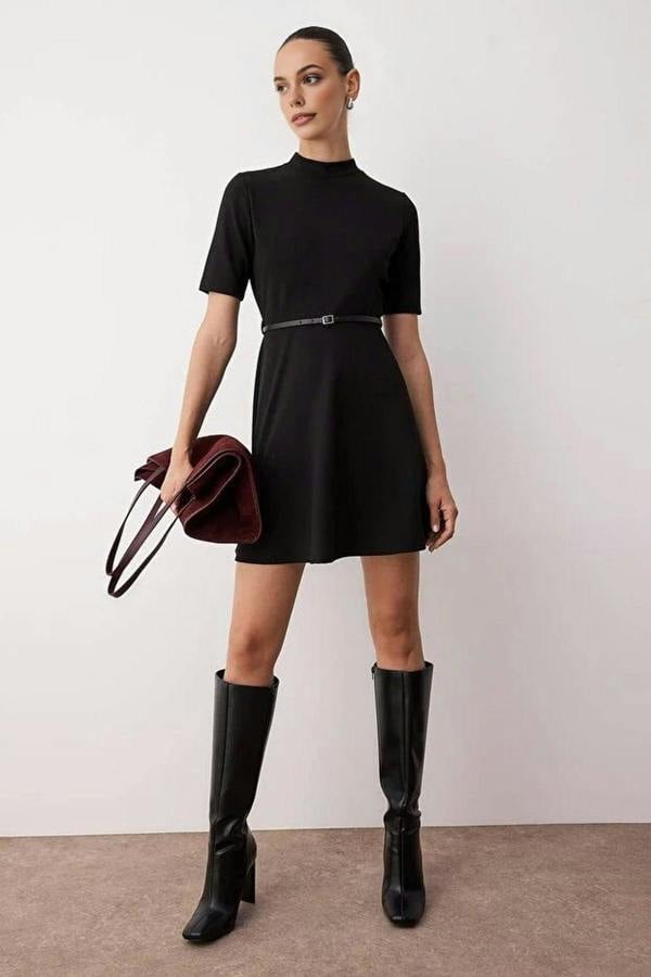 WOVCOR Stand Collar Skater Mini Knit Dress
