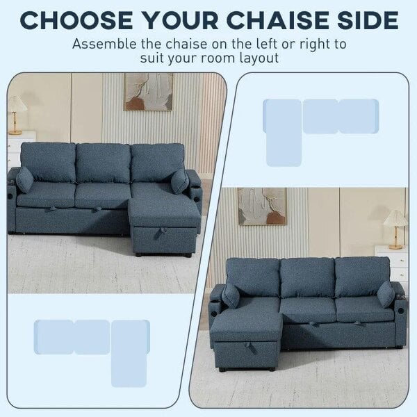 Corner Sofa Bed, L Shaped Sleeper Sectional Sofa with Reversible Storage Chaise, Blue