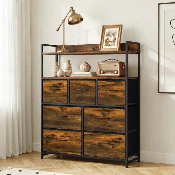 Chest of Drawers, Bedroom Fabric Dresser with 7 Drawers, Storage Organiser Unit with Open Shelves, Rustic Brown