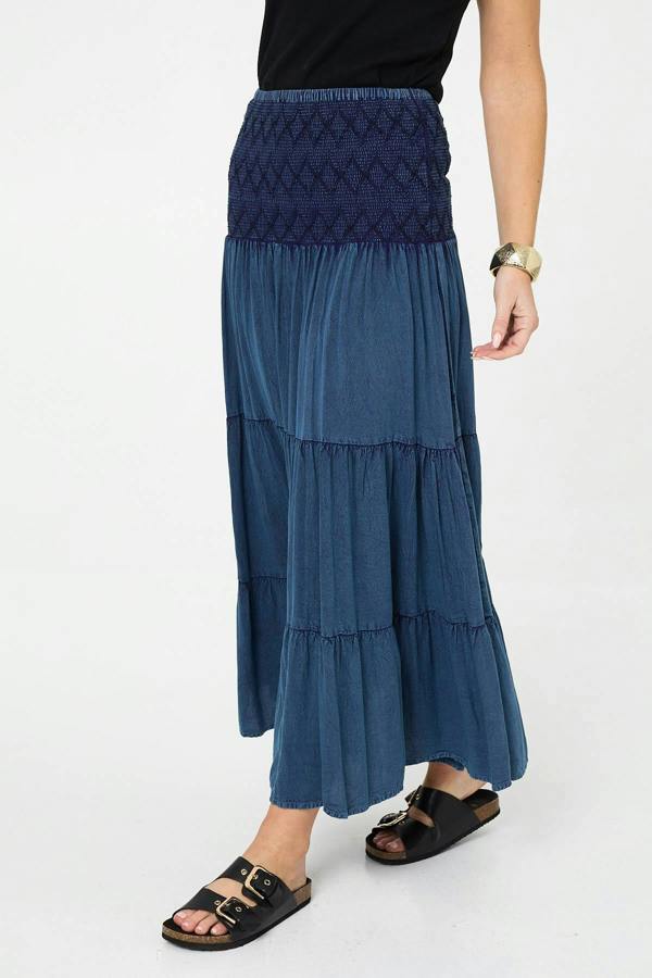 Blue | Elasticated High Waist Tiered Maxi Skirt
