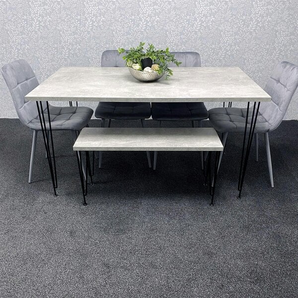 Kosy Koala Grey Dining Table with Hairpin Legs, Bench & 4 Grey Velvet Chairs Set for Kitchen & Dining Room