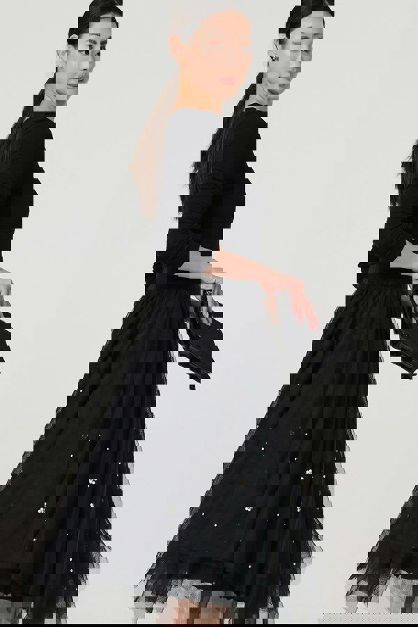 Black | Reversible Hanky Hem Mesh & Knit Midi Skirt
