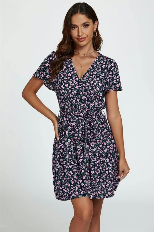 FS Collection Floral Print Hem Tiered Wrap Mini Dress In Navy