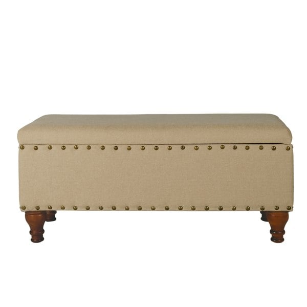 Luxury Living Chelsea Storage Ottoman Bench - Tan/Brass Upholstered with flip lid
