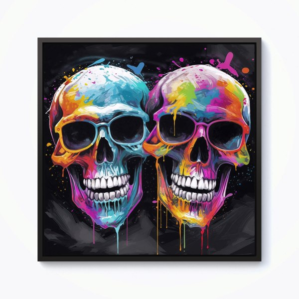 Warren Reed Splash Art Happy Skeletons In Glasses Framed Canvas