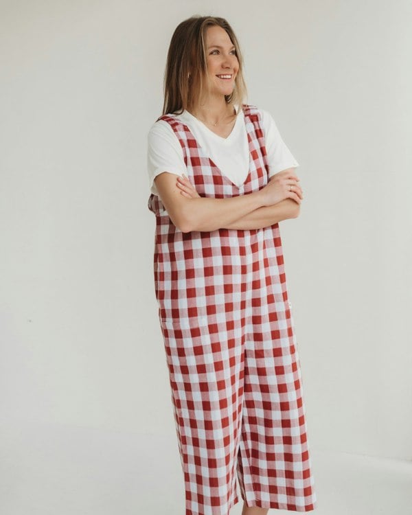 Grace Red Check Print Reversible Wide Leg Jumpsuit- image 5