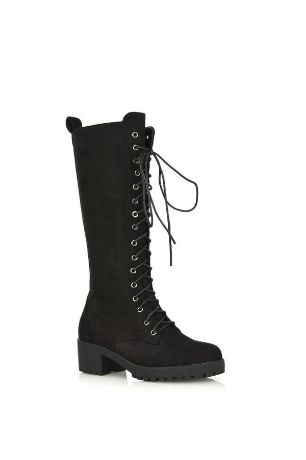 XY LONDON Lace Up Block High Heel Knee High Biker Boots